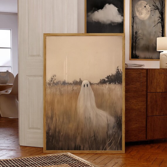 Ghost In Golden Wheat Field Vintage Style Spooky Halloween Art Poster