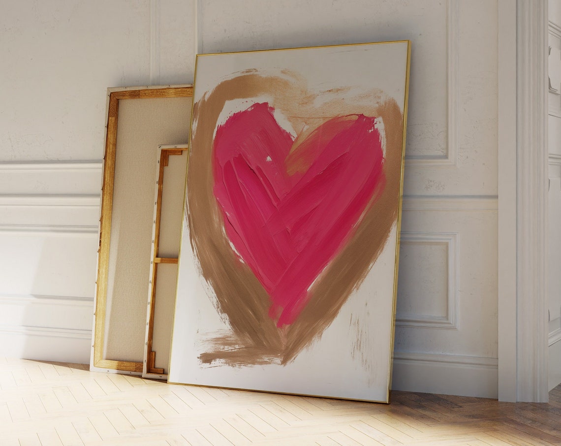 Abstract Pink Heart Gold Brushstroke Modern Valentines Day Wall Art