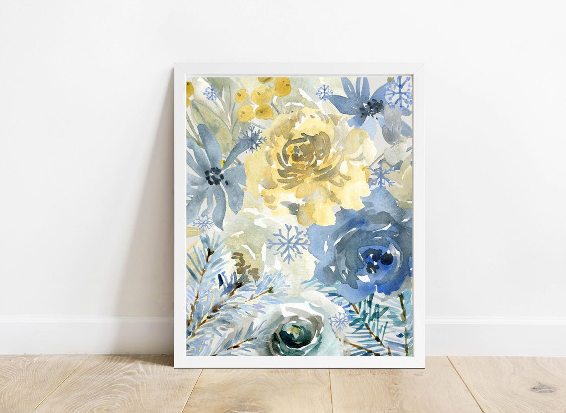 Frosty Blue Gold Winter Floral Collage Watercolor Snowflake Poster - Image 2