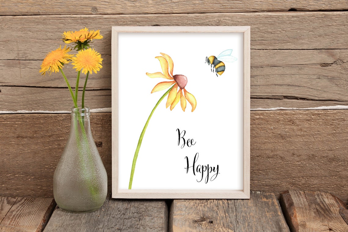 Bee Happy Daisy Bumblebee Watercolor Motivational Quote Poster - Image 3