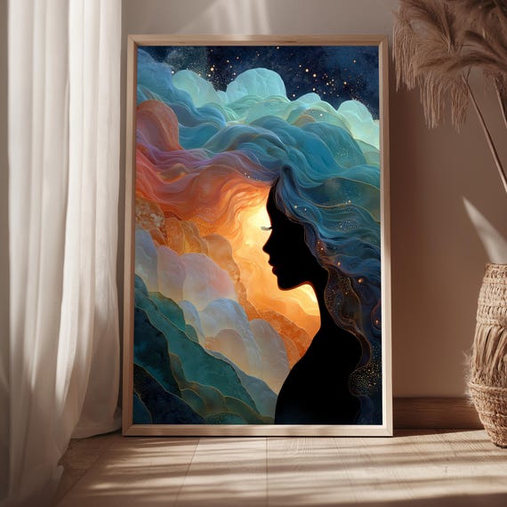 Celestial Silhouette Wall Art Print Dreamy Fantasy Sky Surreal Woman Portrait Whimsical Bedroom Decor Ethereal