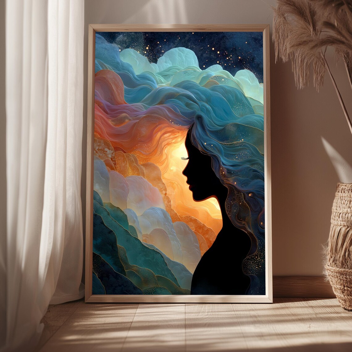 Ocean Hair Woman Silhouette Teal and Gold Surreal Fantasy Art Print