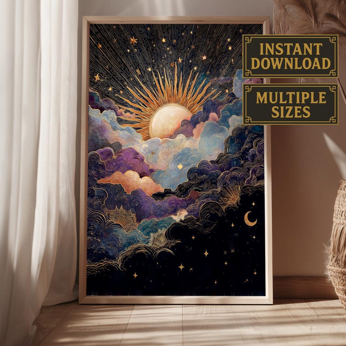 Golden Radiant Sun Over Clouds Celestial Starry Night Sky Poster