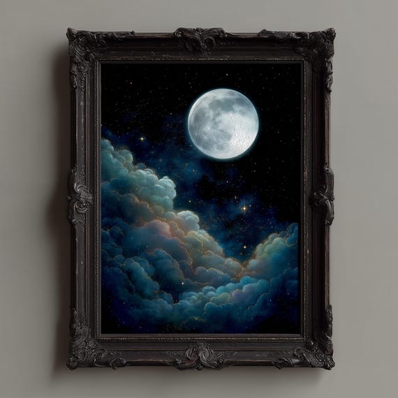 Full Moon And Clouds Dreamy Night Sky Wall Art Print Celestial Fantasy Framed Or Unframed Poster