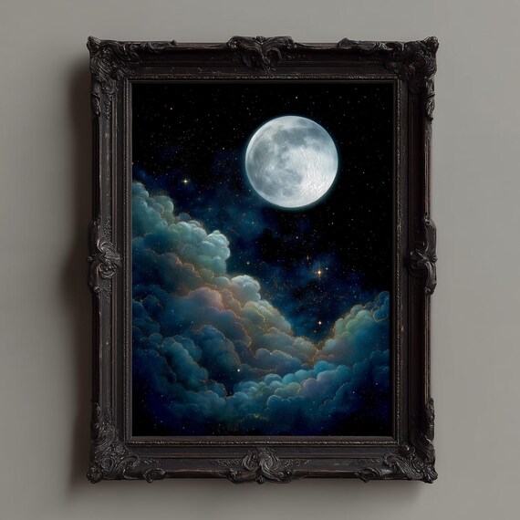 Glowing Full Moon Rising Over Dreamy Night Clouds Celestial Poster