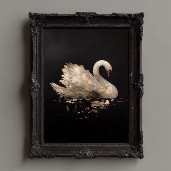 Vintage White Swan Print Minimalist Neutral Wall Art Black Gold Farmhouse Dark Academia Parisian