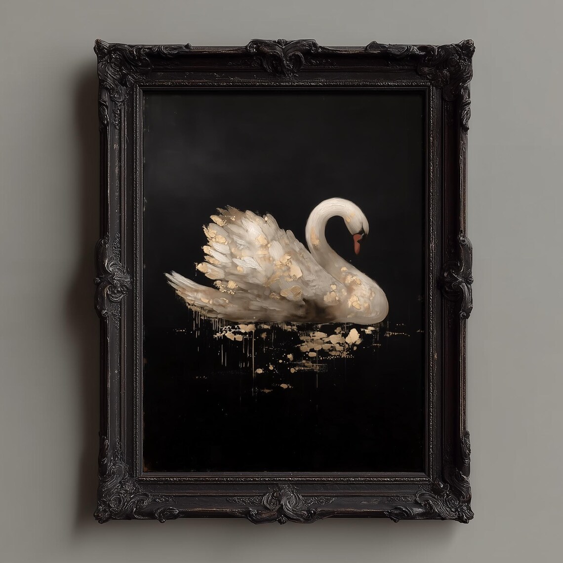 White Swan with Gold Leaf Accents on Black Minimalist Art Poster