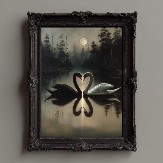 Black And White Swan Print Romantic Wall Art Vintage Bird Illustration Gothic Decor Dark Academia Moonlit Lake Painting