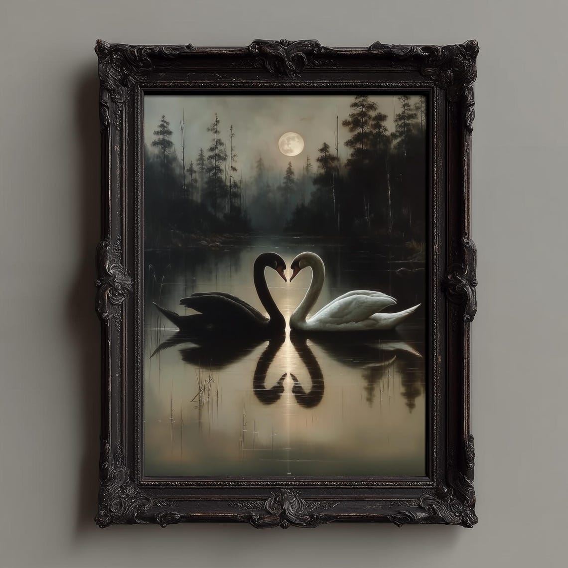Black and White Swans Forming Heart Moonlit Forest Lake Poster