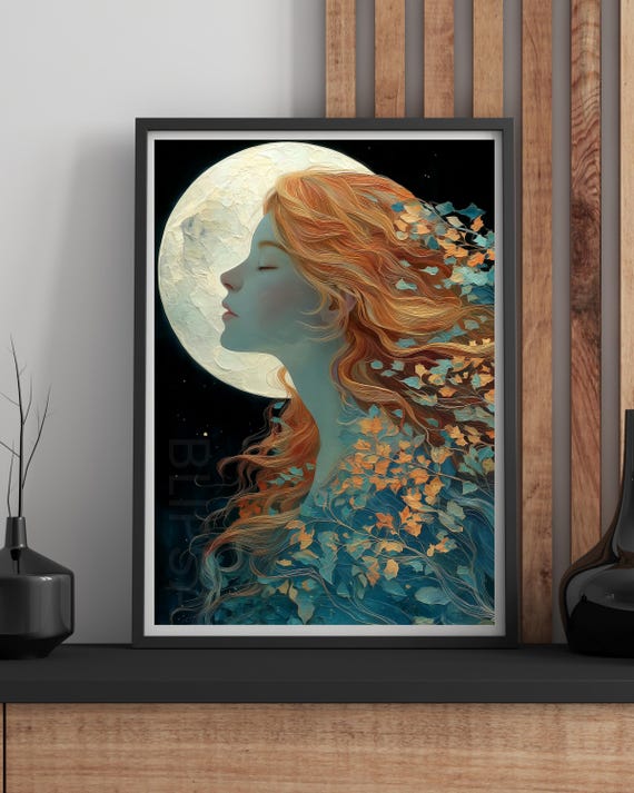Moon Goddess Botanical Art Print Surreal Fantasy Wall Ethereal Celestial Decor A1a5