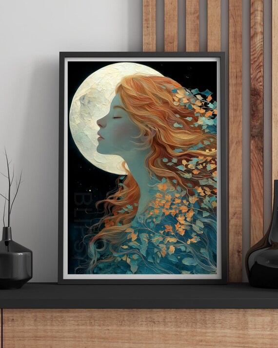Moon Goddess Copper Red Hair Full Moon Botanical Fantasy Art Print