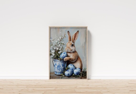 Bunny With Chinoiserie Easter Eggs Print Cute Spring Rabbit Floral
