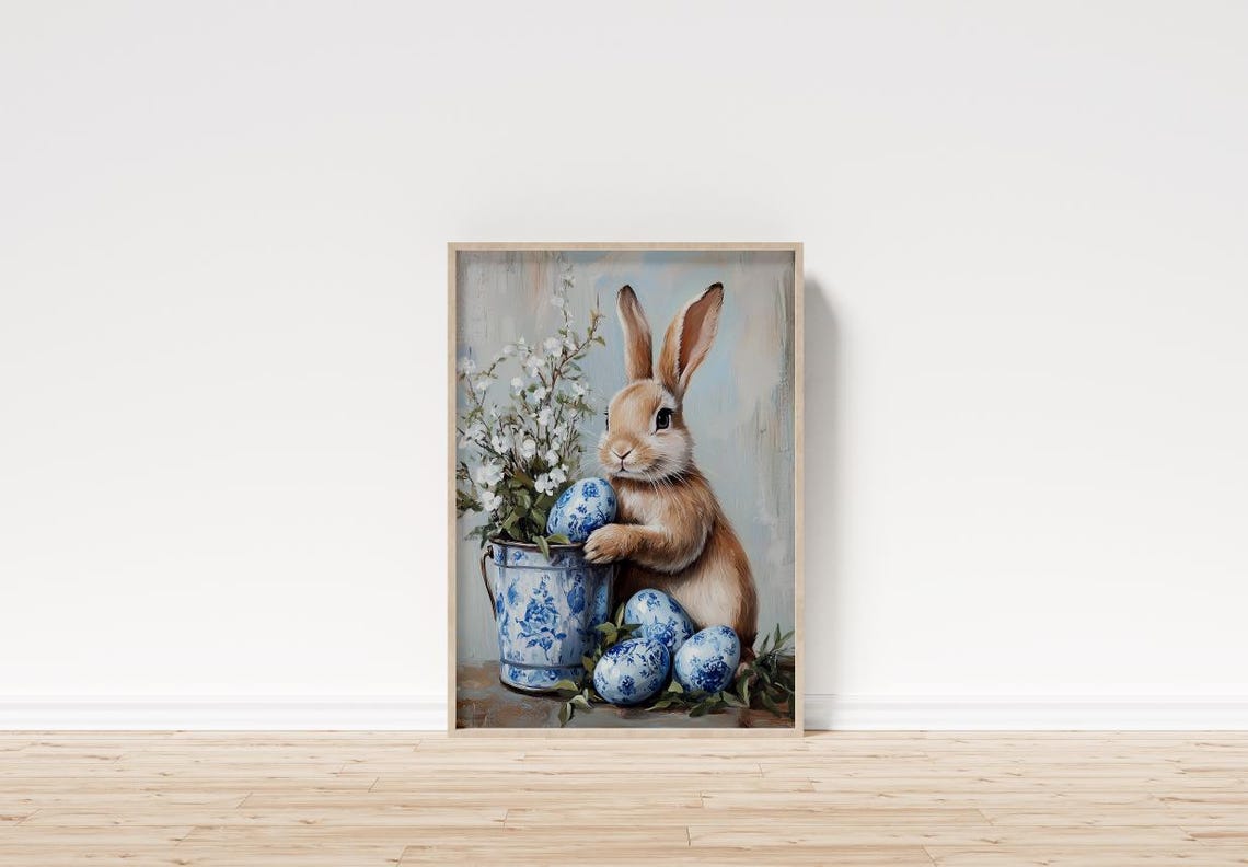 Bunny With Chinoiserie Easter Eggs Print Cute Spring Rabbit Floral