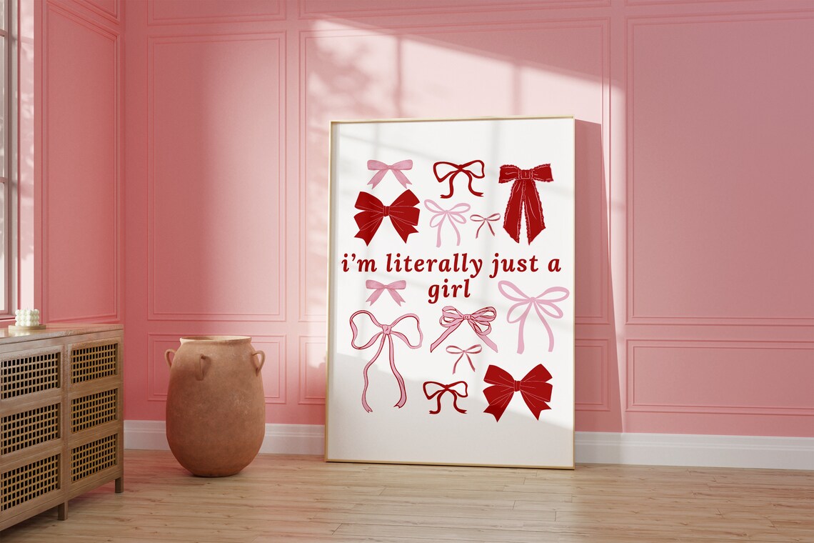 Literally Just A Girl Pink Red Bows Coquette Trendy Wall Poster - Image 2