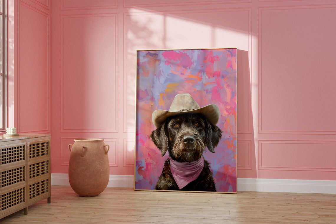 Dog Cowgirl Hat Print Pink Print Vintage Art Western Girly Preppy Trendy Wall Art Puppy Print Cowgirl Hat Print Funky Western Art - Image 2