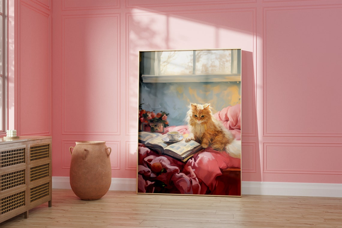 Fluffy Orange Cat With Open Book and Tea by the Window Wall Art - Image 2