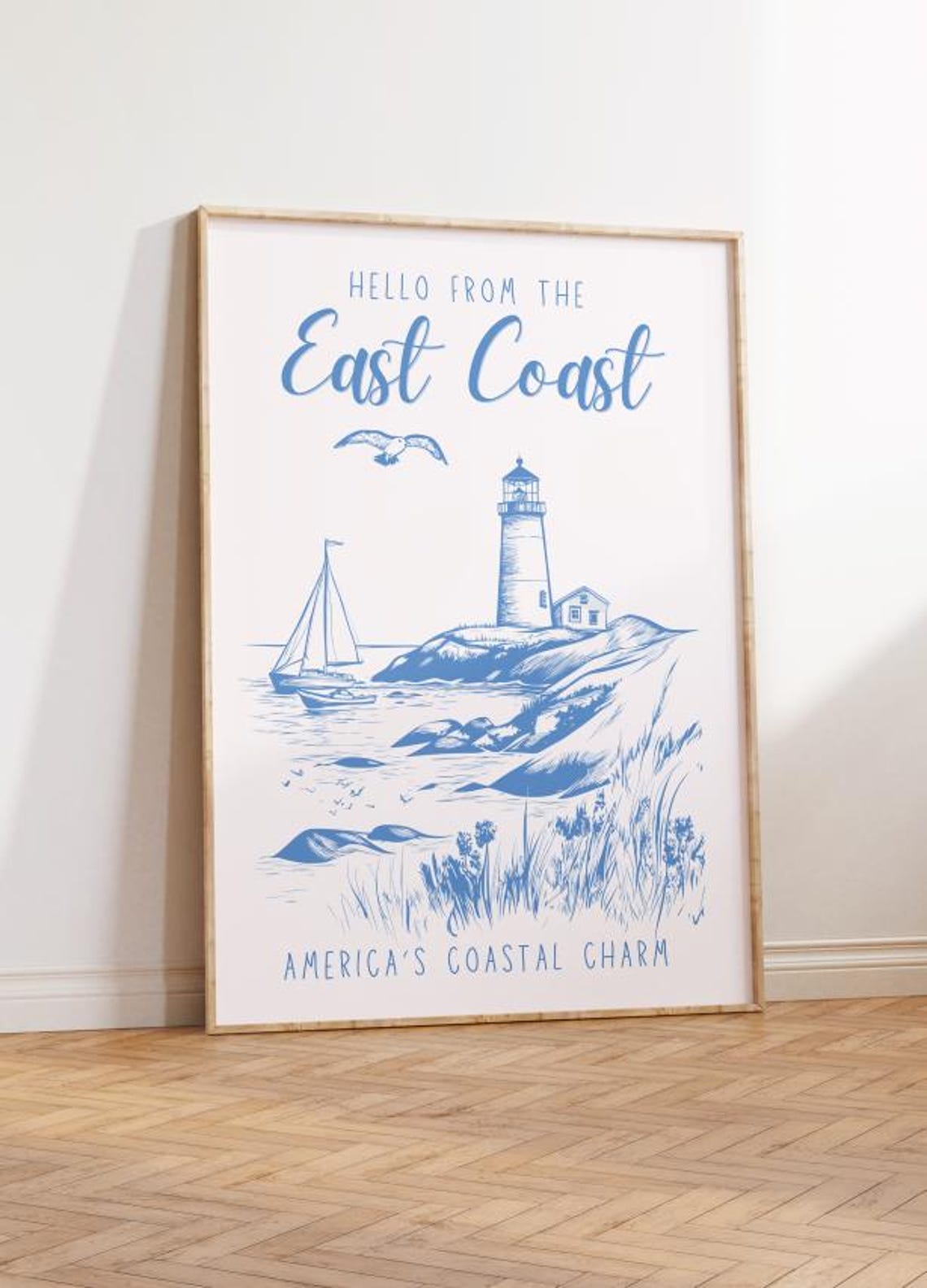Hello from the East Coast Blue Lighthouse Sailboat Line Art Poster
