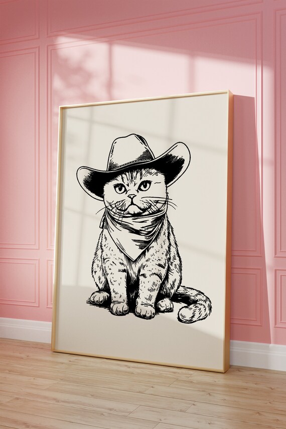 Funny Cowboy Cat With Hat And Bandana Cute Ink Drawing Poster
