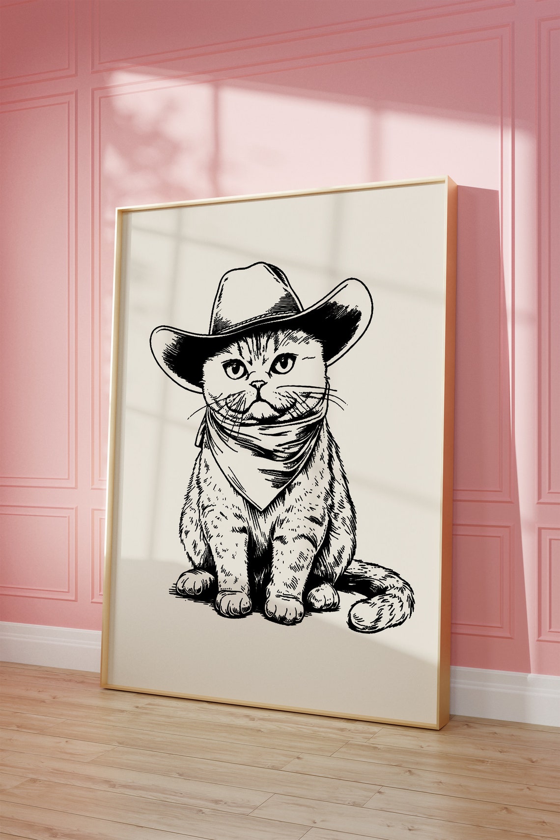 Funny Cowboy Cat With Hat And Bandana Cute Ink Drawing Poster