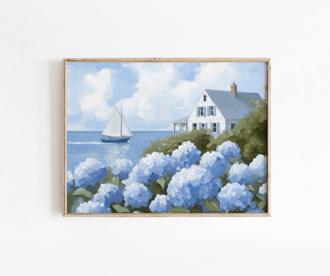 Cape Cod Hydrangea Blue Flowers Cottage Sailboat Coastal Art Poster