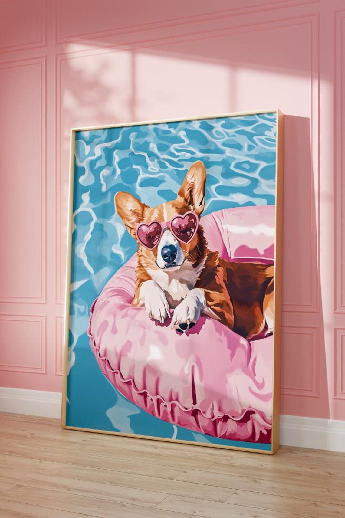 Smiling Corgi Pool Float Heart Sunglasses Pink Summer Poster