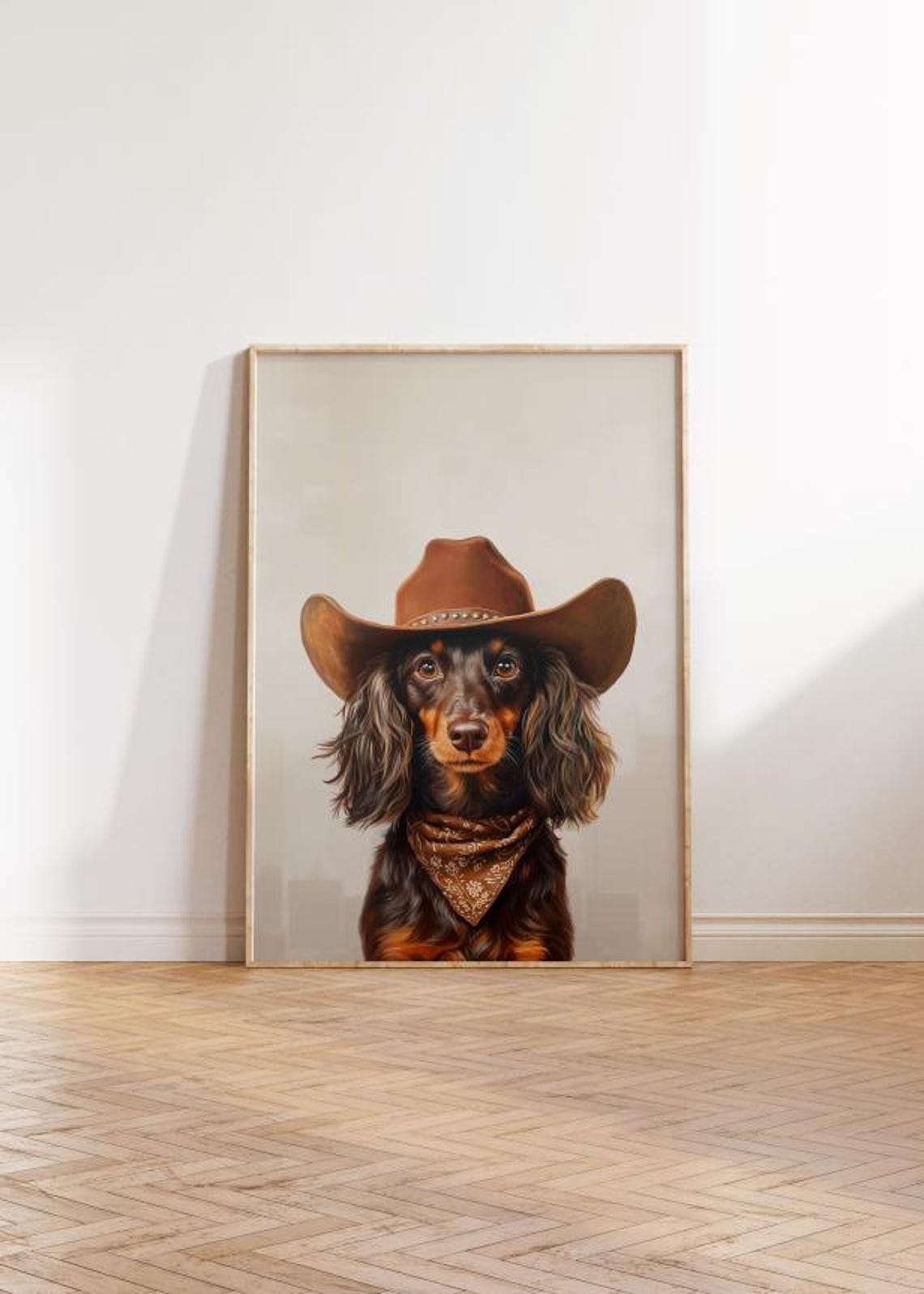 Brown And Tan Longhaired Dachshund Dog Neutral Aesthetic Print Vintage Art Western Trendy Wall Art Cowgirl Hat Print Funky Western Art - Image 2