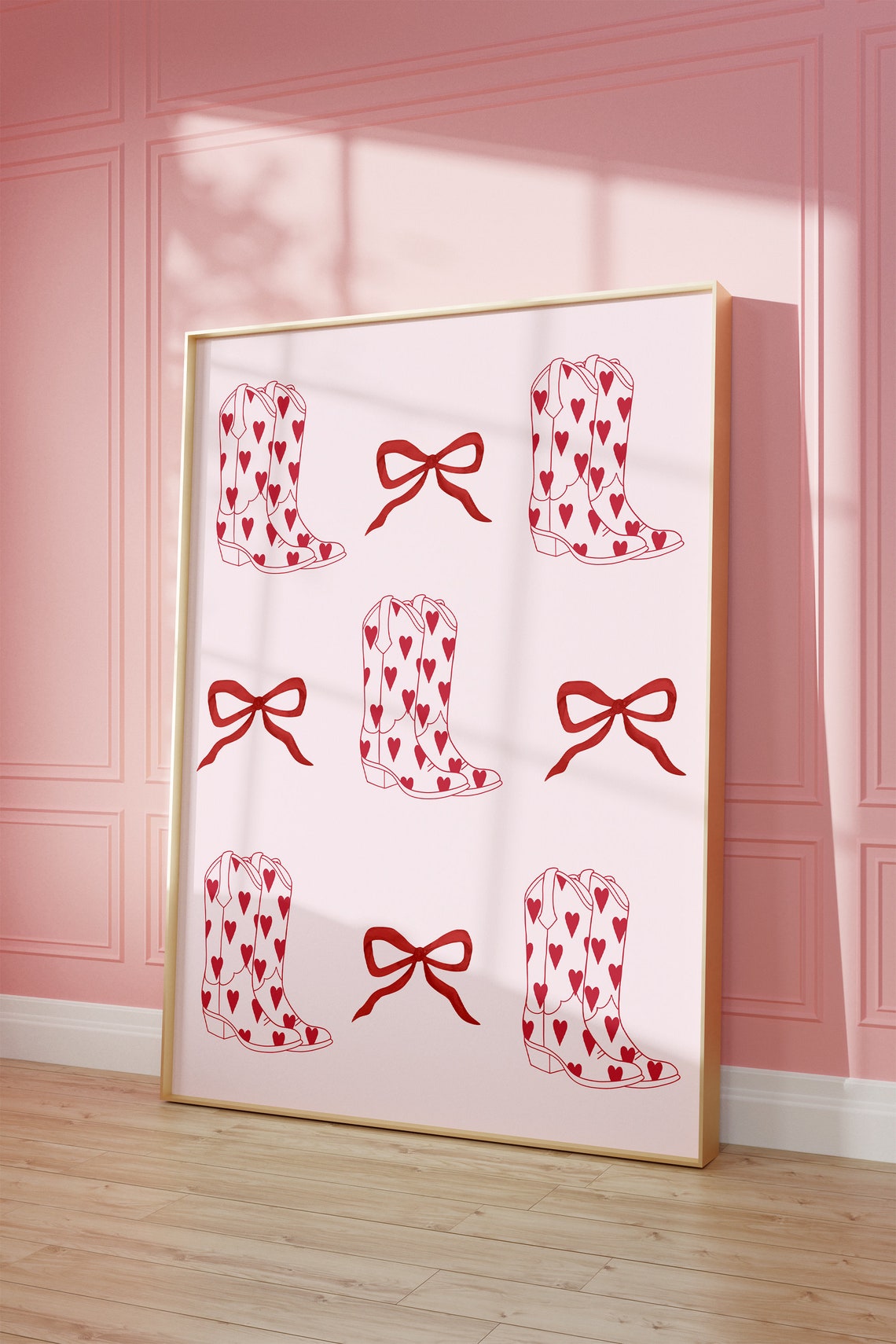 Red Heart Cowboy Boots And Bows Pink Preppy Pattern Wall Poster