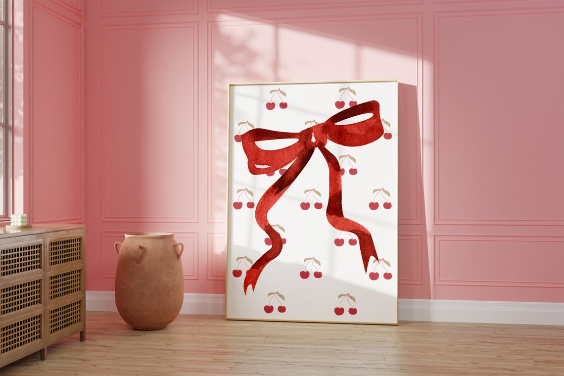 Big Red Watercolor Bow With Tiny Cherry Pattern Coquette Poster - Image 2