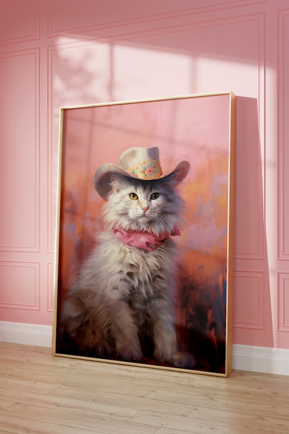 Fluffy Gray Cat in Floral Cowboy Hat Pink Western Portrait Poster