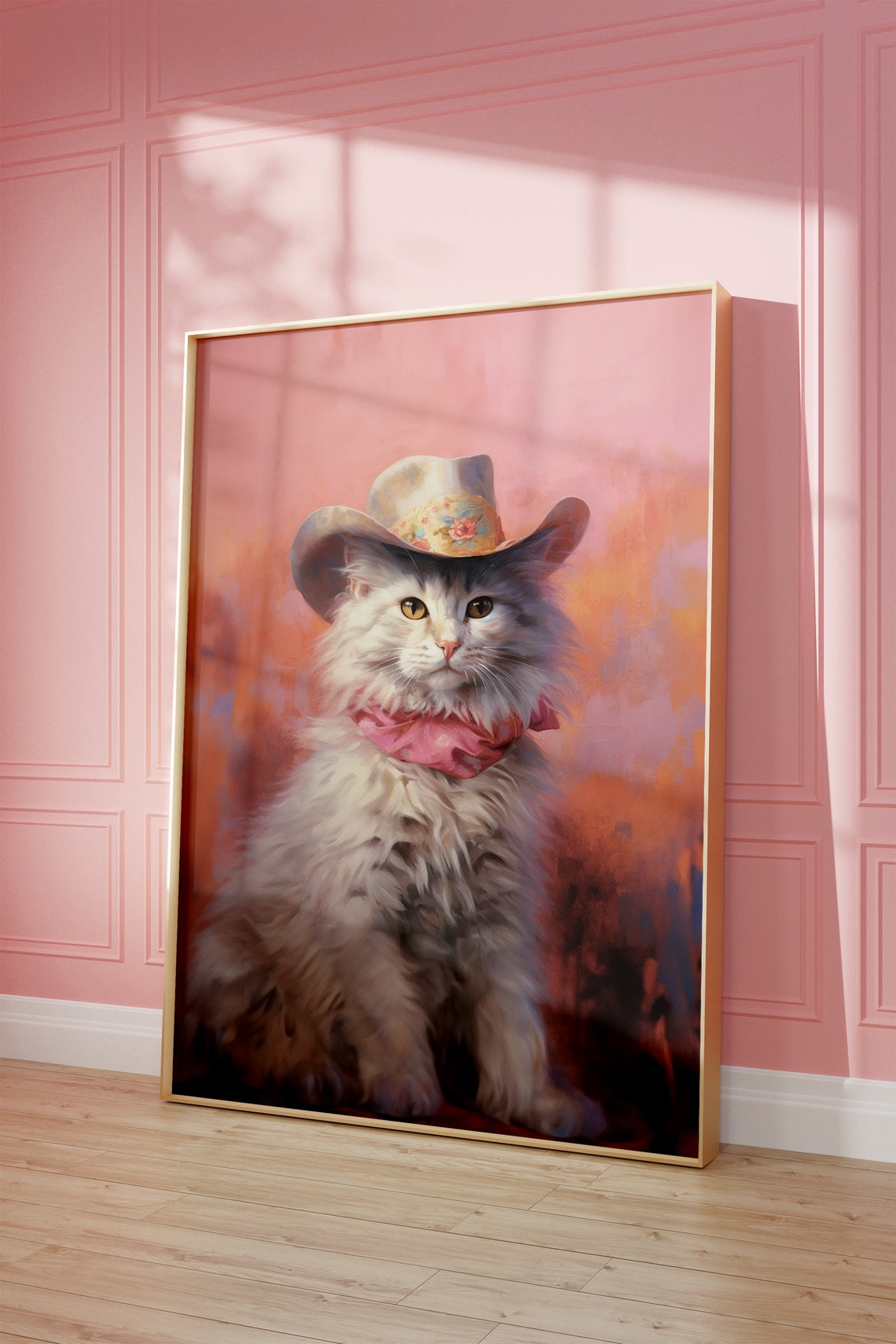Fluffy Gray Cat in Floral Cowboy Hat Pink Western Portrait Poster