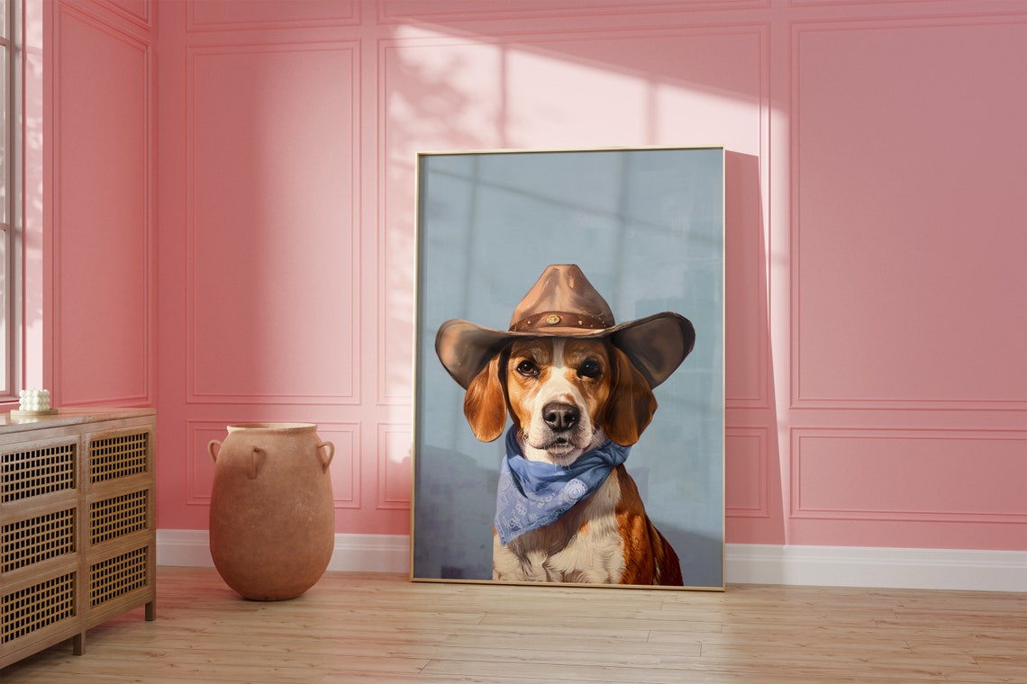 Dog Cowgirl Hat Print Dog Print Vintage Art Western Girly Preppy Trendy Wall Art Puppy Print Cowgirl Hat Print Funky Western Art - Image 2