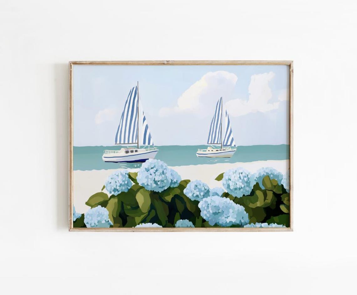 Pastel Coastal Sailboats with Striped Sails and Hydrangeas Print