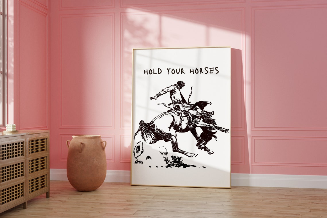 Hold Your Horses Cowboy on a Bucking Bronco Ink Sketch Poster - Image 2