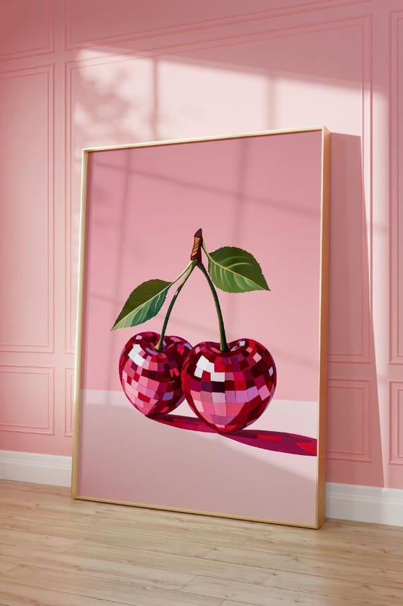 Disco Cherry Print Retro Pink Fruit Wall Art