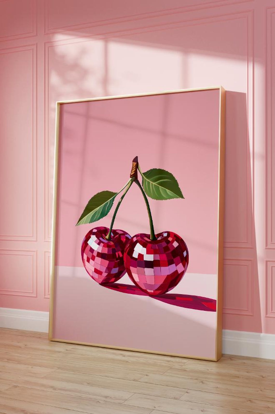 Disco Cherry Print Retro Pink Fruit Wall Art