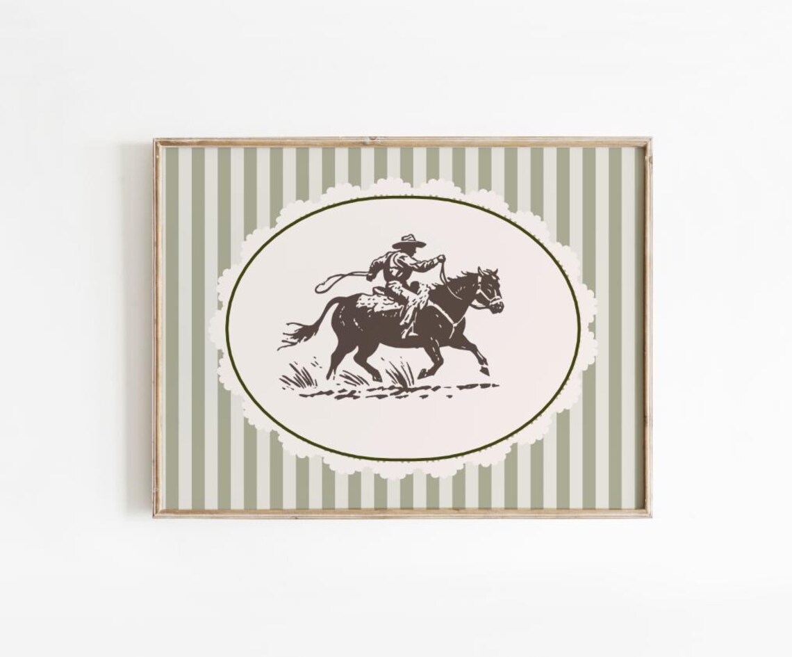 Cowboy At Full Gallop Oval Medallion Sage Striped Western Poster