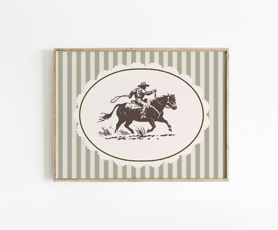 Cowboy At Full Gallop Oval Medallion Sage Striped Western Poster