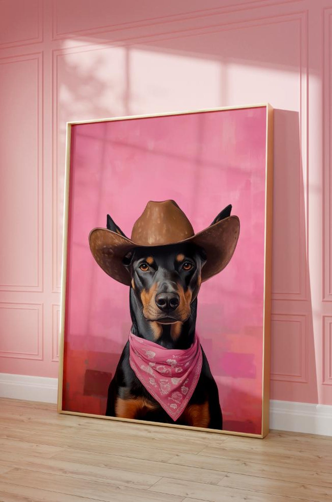 Black Doberman in Cowboy Hat Pink Western Pet Portrait Poster