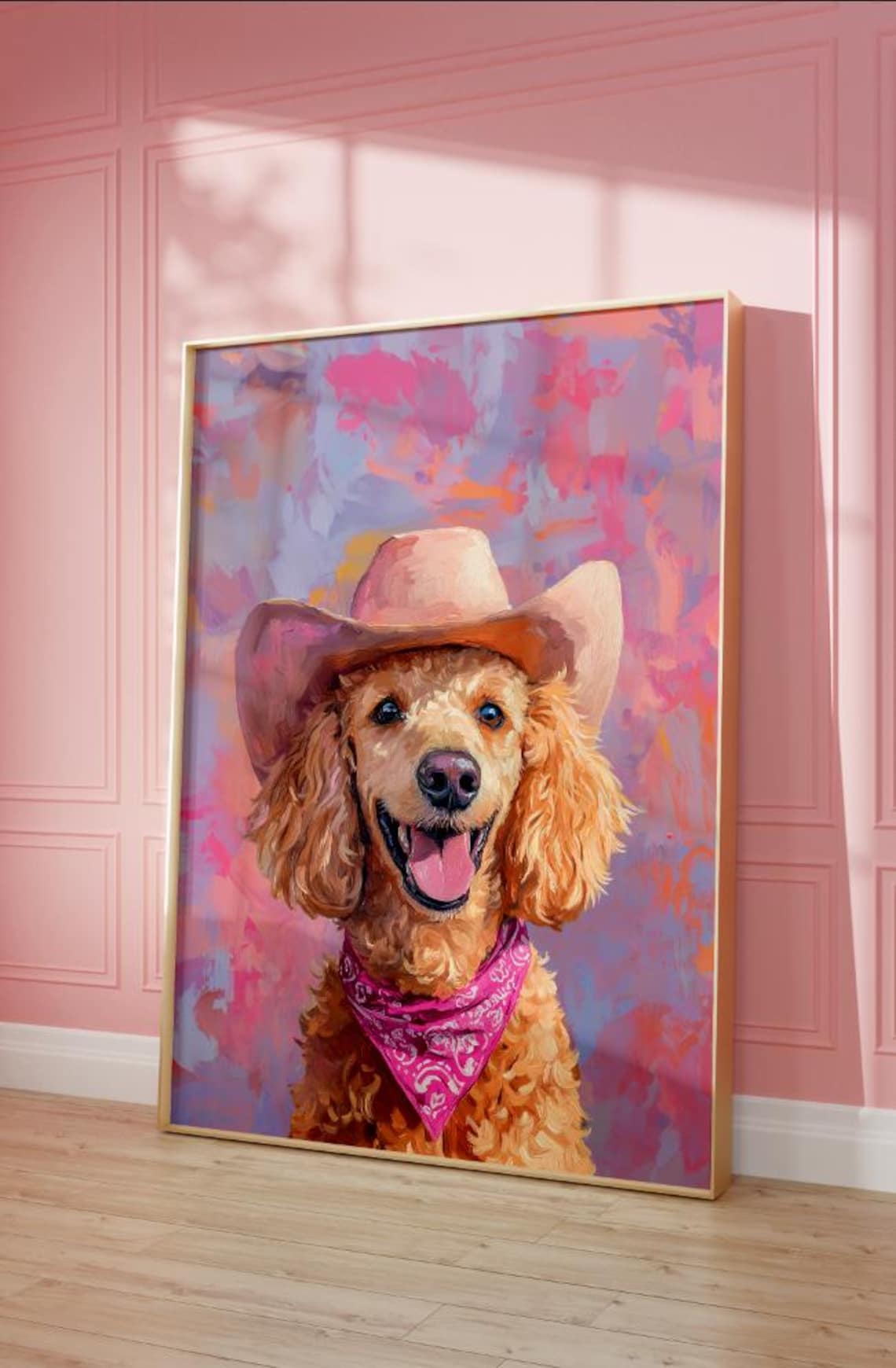 Happy Poodle in Pink Cowgirl Hat Colorful Western Dog Art Poster - Image 2