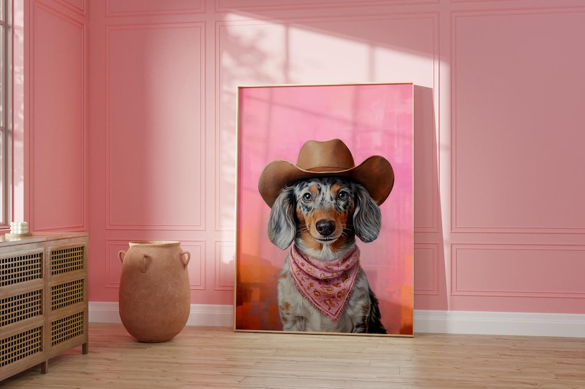 Dachshund Cowgirl Hat Vintage Western Art Print