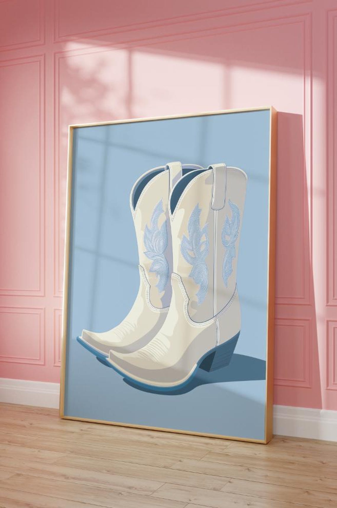 Blue Cowgirl Boots Art Print Western Illustration