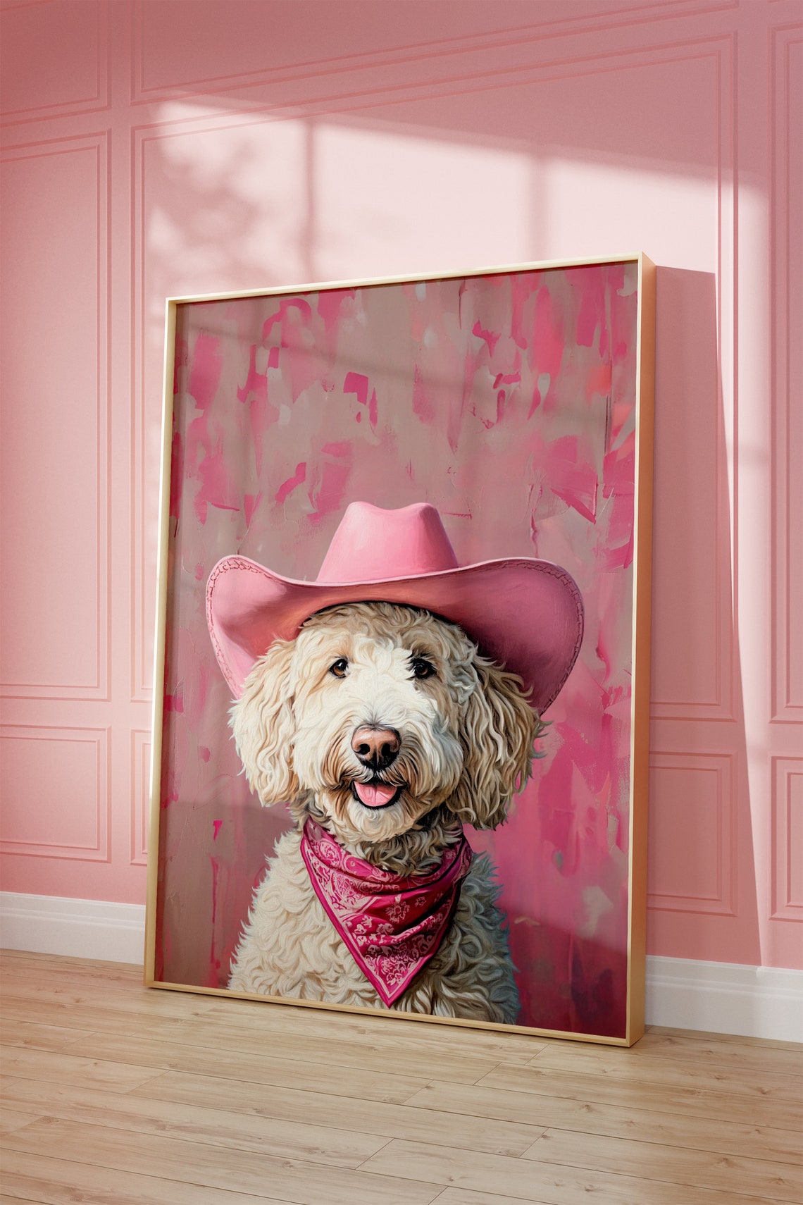 Pink Goldendoodle Dog Cowgirl Hat Print Pink Print Vintage Art Western Girly Preppy Trendy Wall Art Cowgirl Hat Print Funky Western Art - Image 2