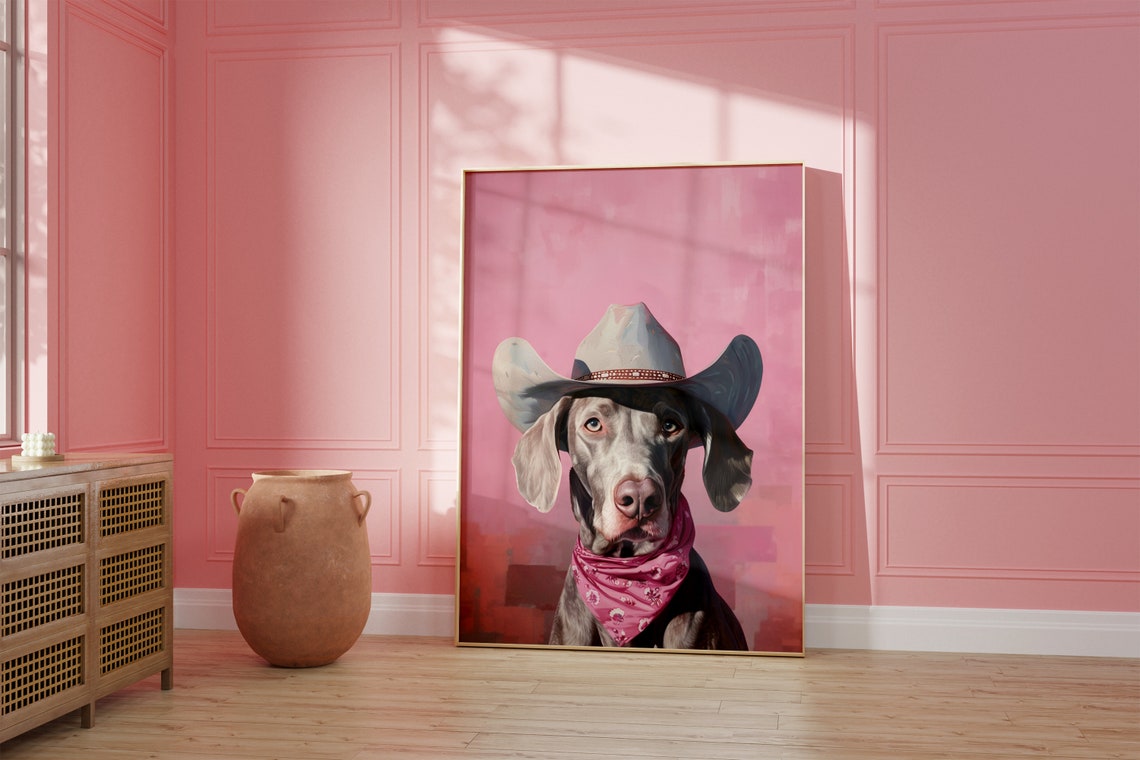 Silver Weimaraner Cowboy Hat Portrait with Pink Bandana Poster Art