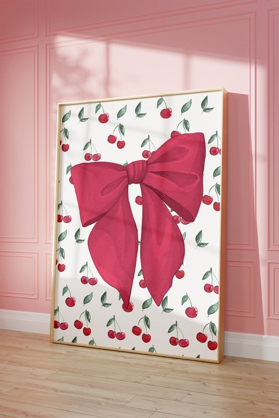Cherry Fruit Pattern Coastal Cowgirl Pastel Wall Art Maximalist Art Bow And Ribbon Wall Art Ma Cherie Cherry Art Coquette
