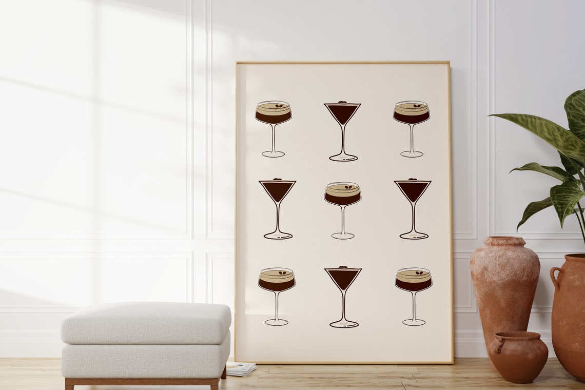 Espresso Martini Glasses Grid Minimalist Cocktail Bar Wall Art - Image 2