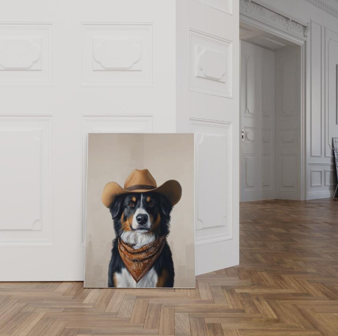 Cute Tricolor Dog in Cowboy Hat Bandana Western Portrait Art Print