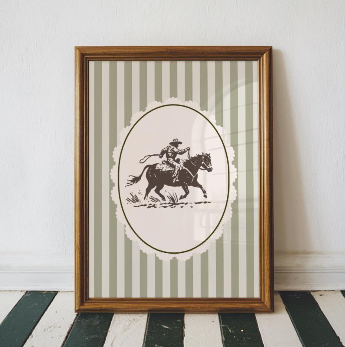 Vintage Cowboy with Lasso Oval Sage Stripe Western Art Poster