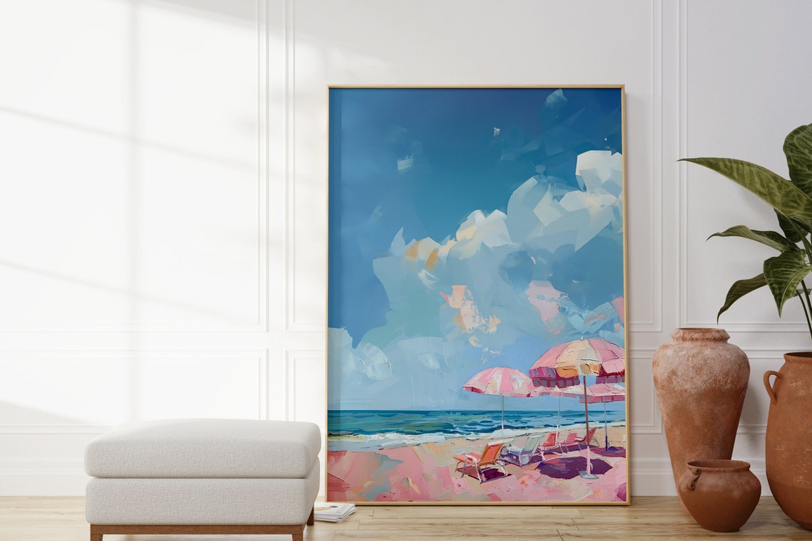 Pink Umbrellas Beach Day Abstract Coastal Painting Art Poster - Image 2