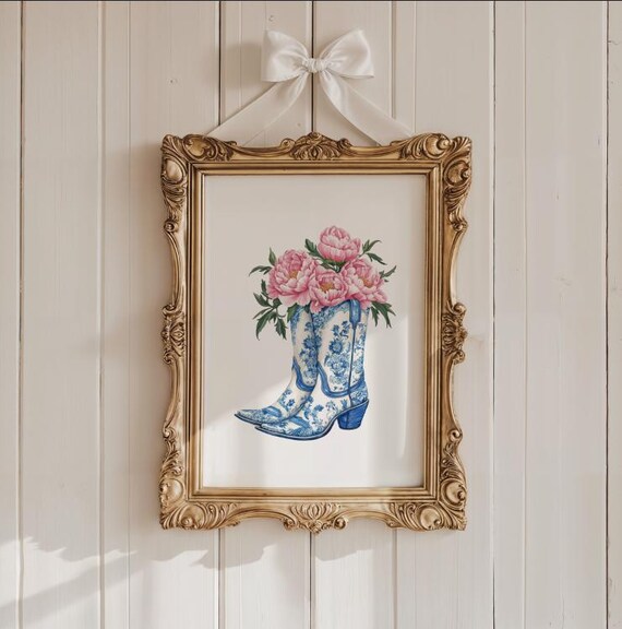 Preppy Chinoiserie Cowgirl Boots Art Print