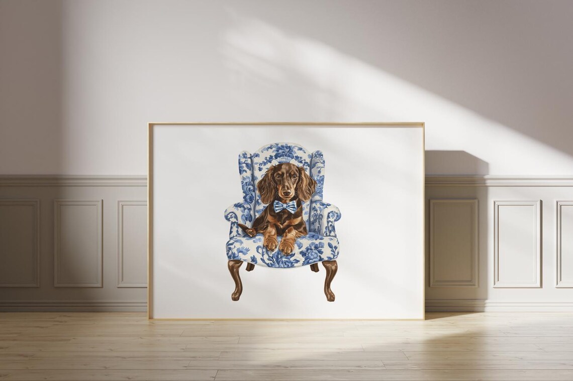 Preppy Dachshund Chinoiserie Art Print, Nursery Decor